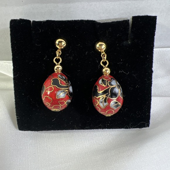 Avon Jewelry - Vintage Avon Red Floral Egg Shaped Dangle Gold Tone Pierced Earrings